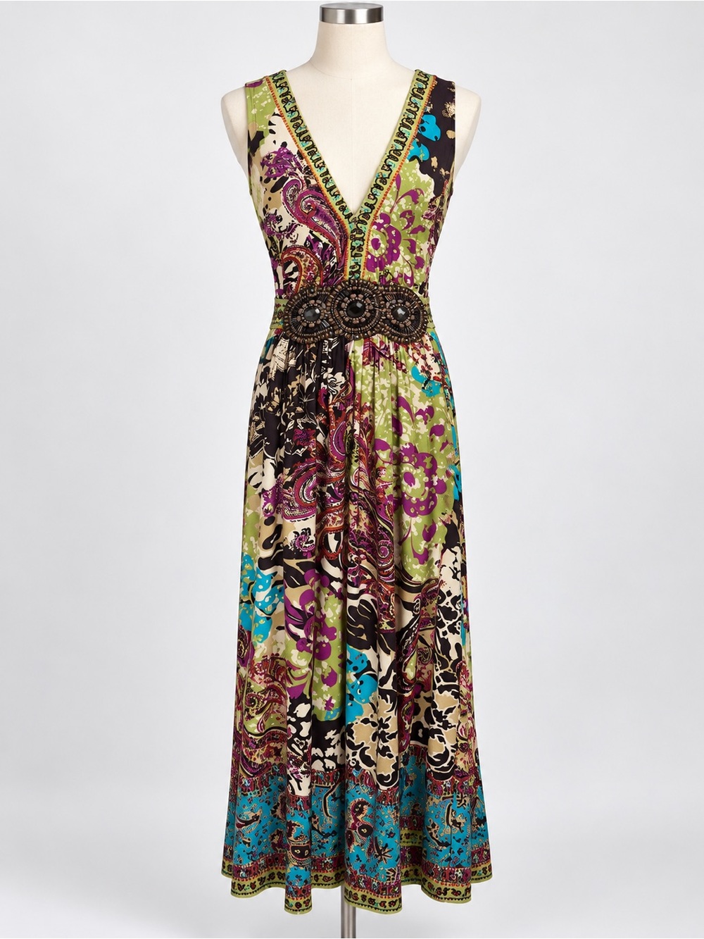 Women’s Boho Paisley Floral Maxi Dress Size S Beaded Empire Waist V-Neck